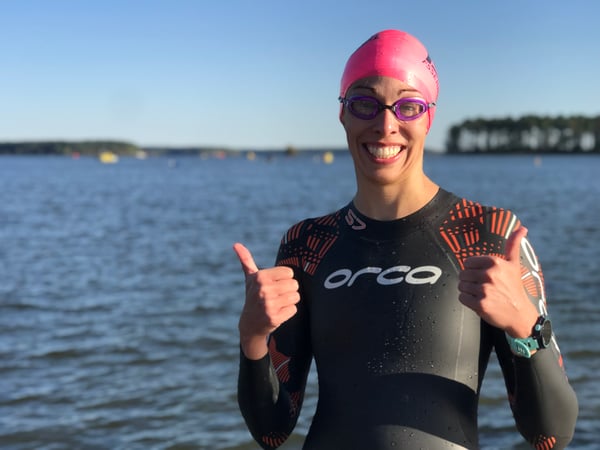 Beth completing the hurricane swim at Jordan Lake